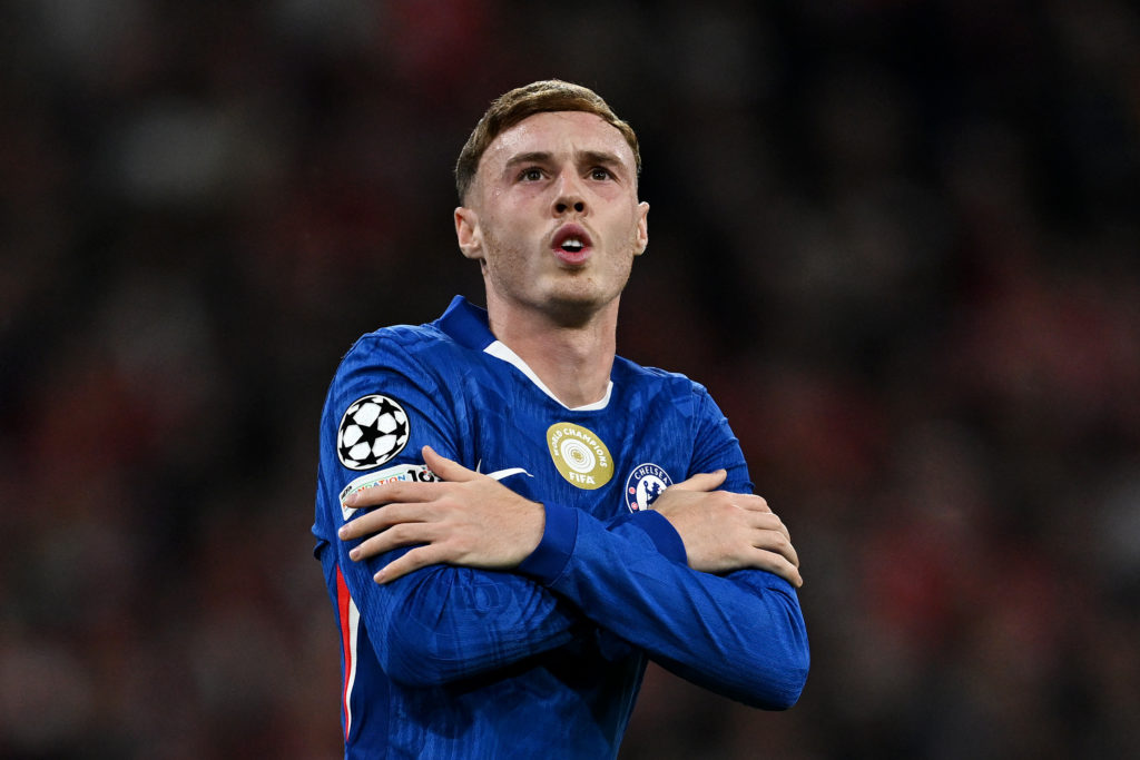 Cole Palmer of Chelsea celebrates scoring his team's first goal during the UEFA Champions League 2025/26 League Phase MD1 match between FC Bayern München and Chelsea FC at Football Arena Munich on September 17, 2025
