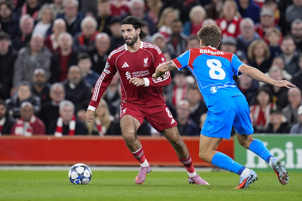Dominik Szoboszlai of Liverpool FC in action during the UEFA Champions League 2025/26 League Phase MD1 match between Liverpool FC and Atletico de Madrid at Anfield on September 17, 2025