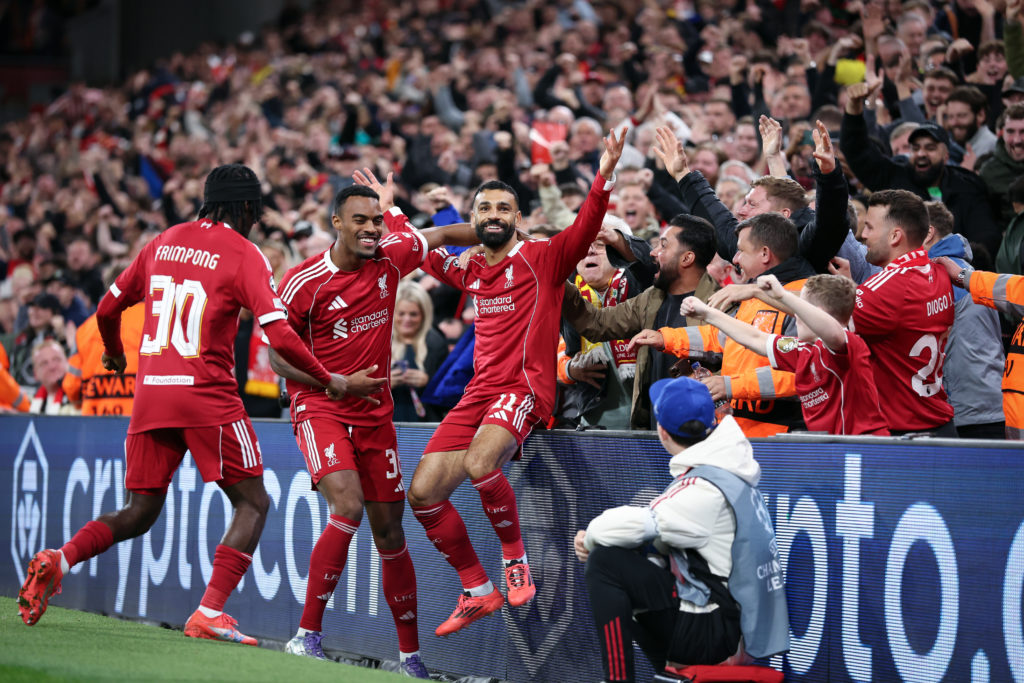 Moahmed Salah celebrates during Liverpool v Atletico de Madrid in the UEFA Champions League 2025/26 League Phase MD1