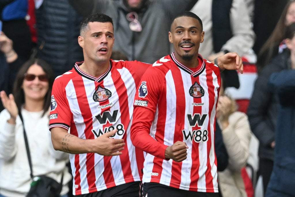 Wilson Isidor and Granit Xhaka celebrate as Sunderland score against Aston Villa