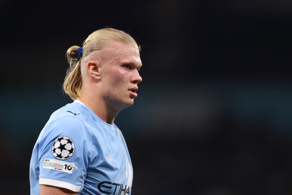 Erling Haaland looks on during the Champions League game between Manchester City and Napoli