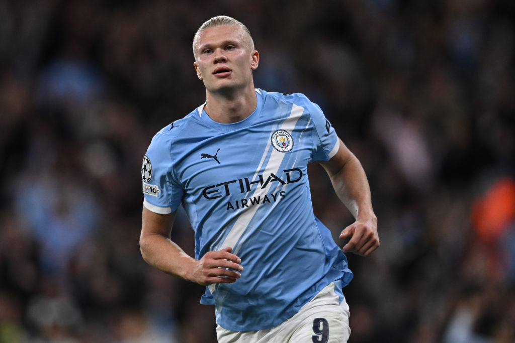 Erling Haaland celebrates scoring for Manchester City against Napoli