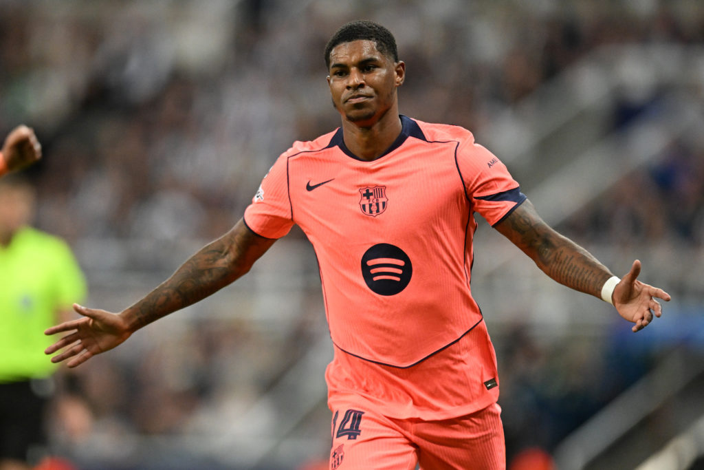 Marcus Rashford celebrates during Newcastle United FC v FC Barcelona
