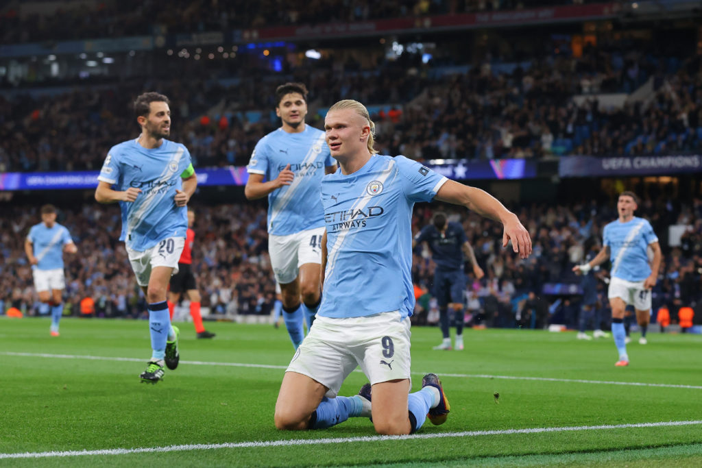 Erling Braut Haaland of Manchester City celebrates after scoring their side's first goal during the UEFA Champions League 2025/26 League Phase MD1 match between Manchester City and SSC Napoli at City of Manchester Stadium on September 18, 2025