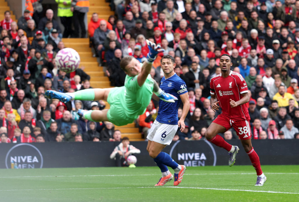 Ryan Gravenberch scores for Liverpool against Everton in the Premier League