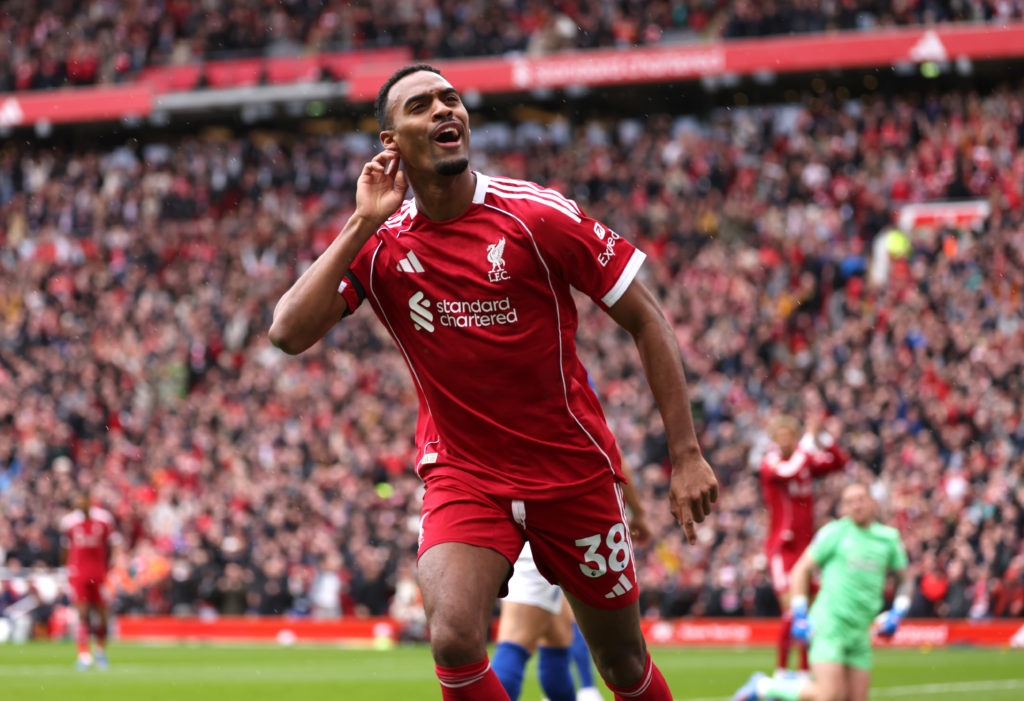 Ryan Gravenberch of Liverpool celebrates scoring his team's first goal during the Premier League match between Liverpool and Everton at Anfield.