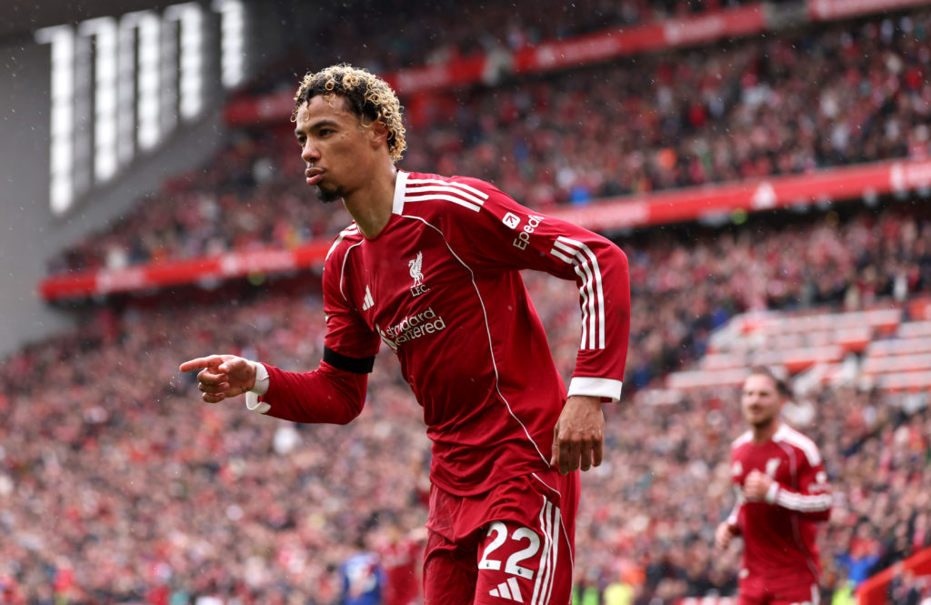 Hugo Ekitike of Liverpool celebrates scoring his team's second goal during the Premier League match between Liverpool and Everton at Anfield.