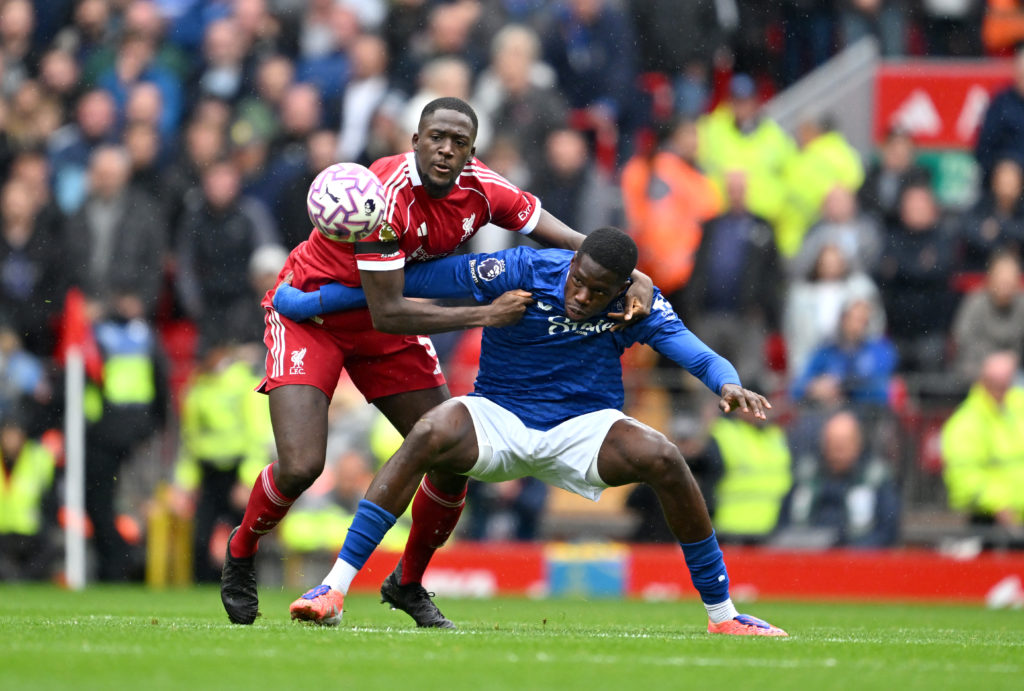 Ibrahima Konate in action during Liverpool's victory against Everton