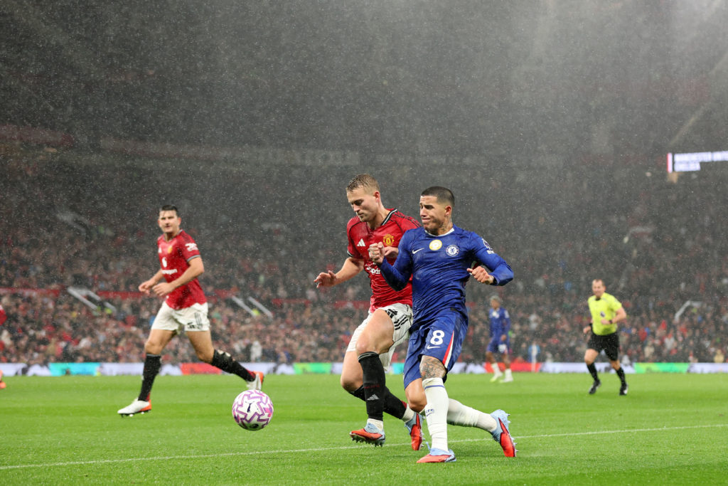 Matthijs de Ligt takes on Enzo Fernandez during Manchester United's victory against Chelsea