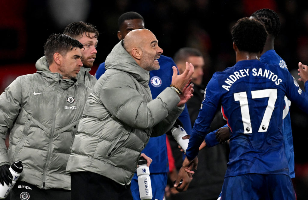 Enzo Maresca instructs his Chelsea players on the sidelines during their defeat to Manchester United