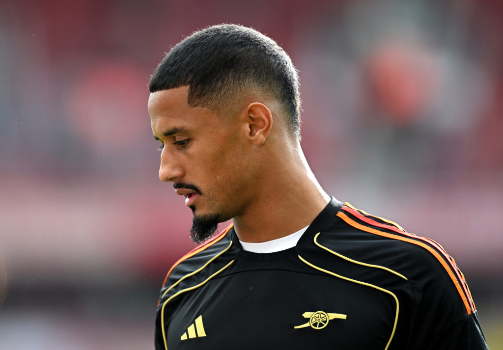 William Saliba during the warm up between Arsenal and Manchester City