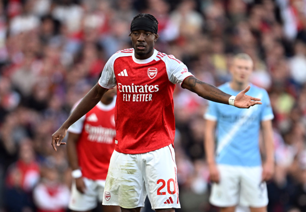 Noni Madueke of Arsenal reacts during the Premier League match between Arsenal and Manchester City at Emirates Stadium.