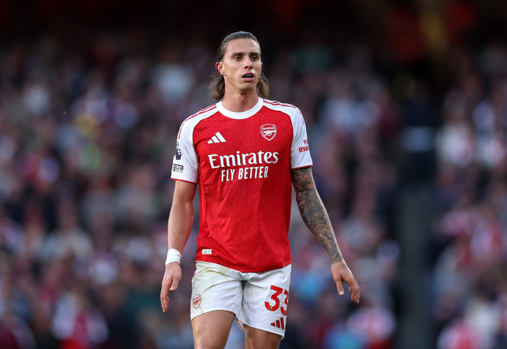 Riccardo Calafiori during Arsenal's Premier League match with Manchester City.