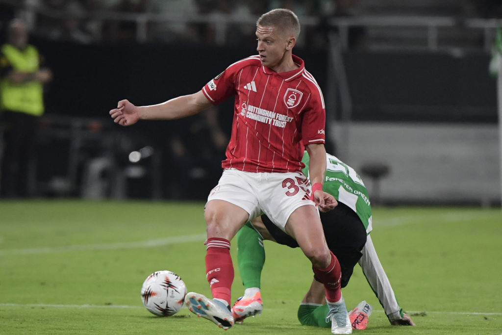 Oleksandr Zinchenko challenges for the ball in Nottingham Forest's draw with Real Betis