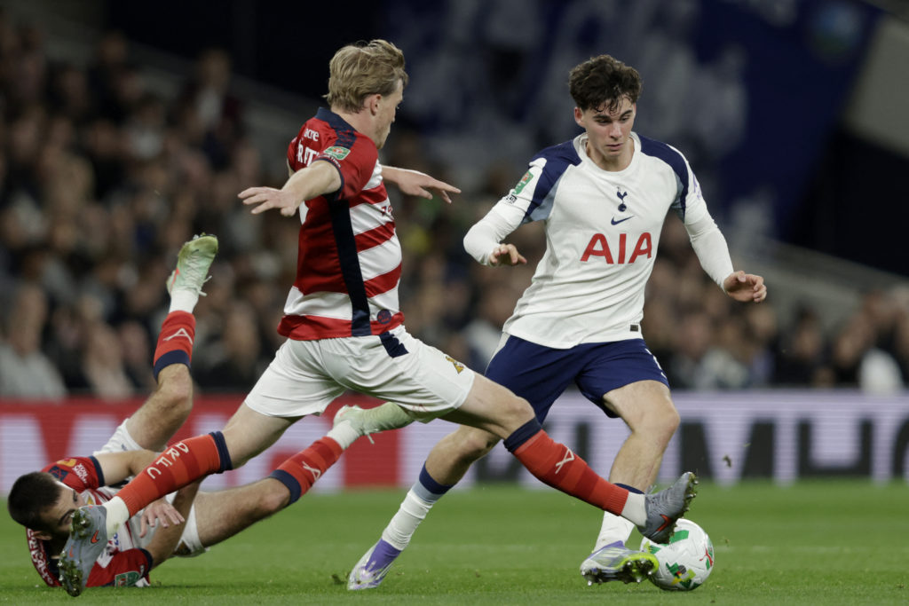 Archie Gray in action for Tottenham against Doncaster Rovers in Carabao Cup.