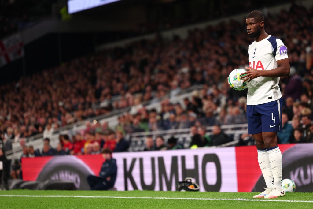Kevin Danso of Tottenham Hotspur prepares to take a long throw during the Carabao Cup Third Round match between Tottenham Hotspur and Doncaster Rovers