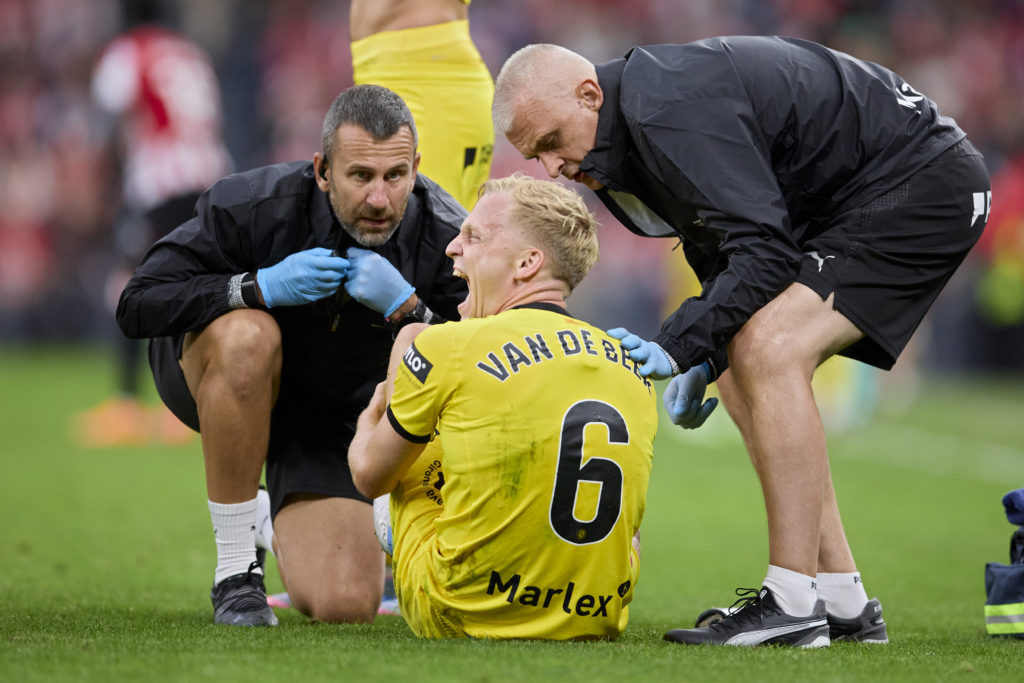 Girona midfielder Donny van de Beek in discomfort as he receives treatment