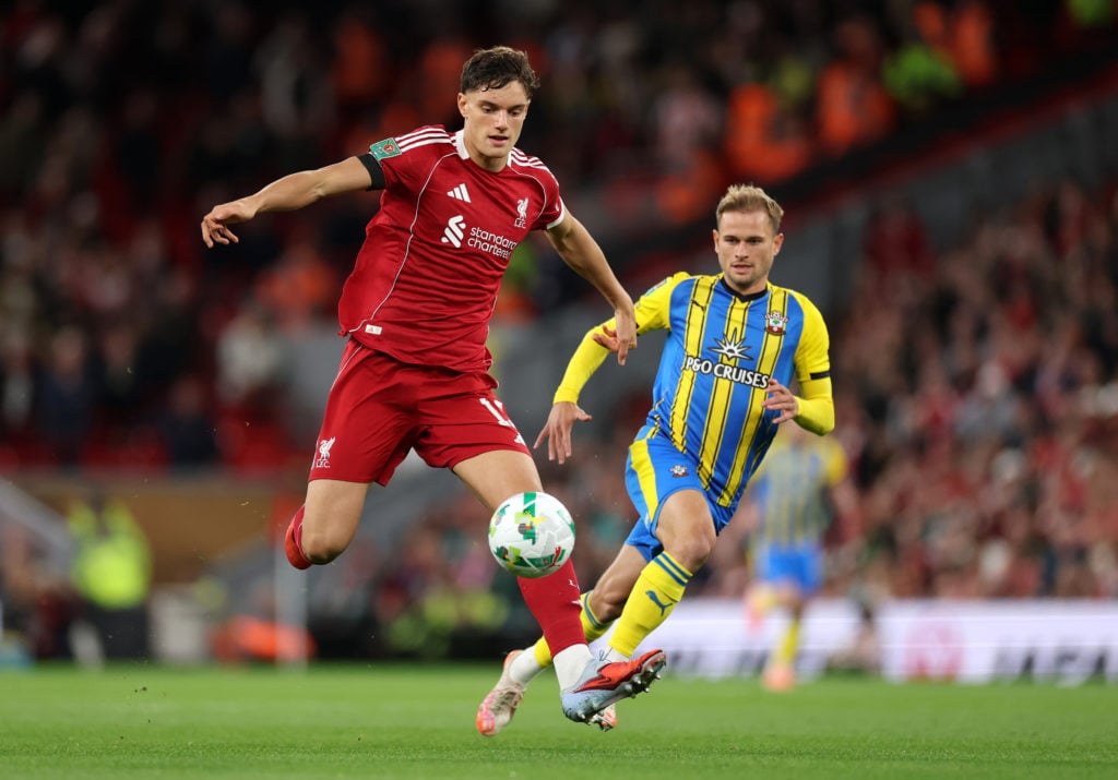Giovanni Leoni of Liverpool controls the ball whilst under pressure from Leo Scienza of Southampton during the Carabao Cup Third Round match between Liverpool and Southampton at Anfield on September 23, 2025