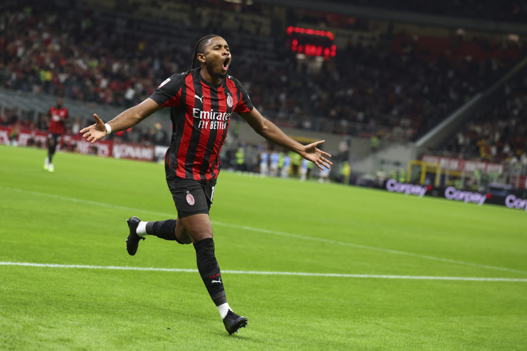 Christopher Nkunku celebrates after scoring for AC Milan v US Lecce