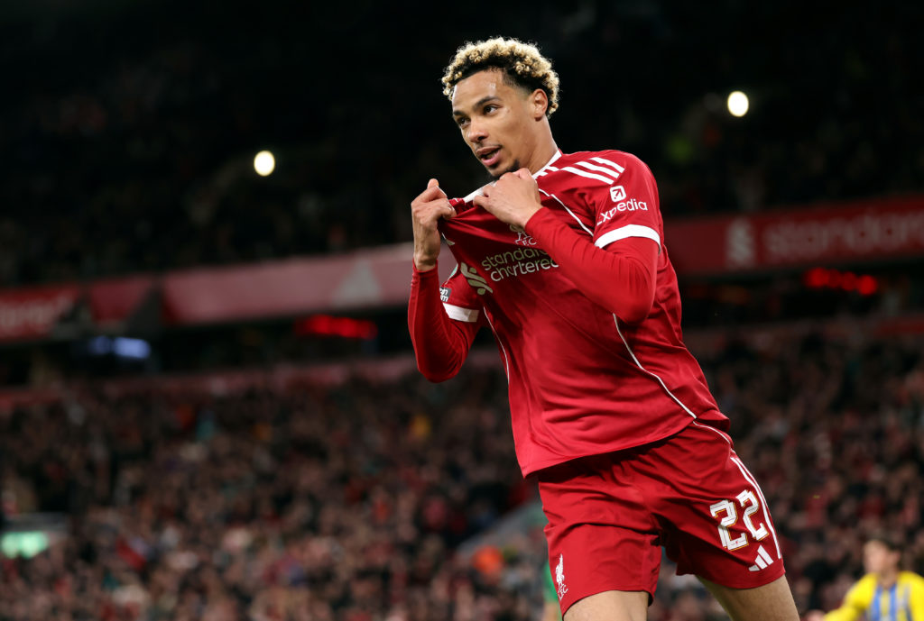 Hugo Ekitike takes off his shirt after scoring Liverpool's winning goal against Southampton in the Carabao Cup