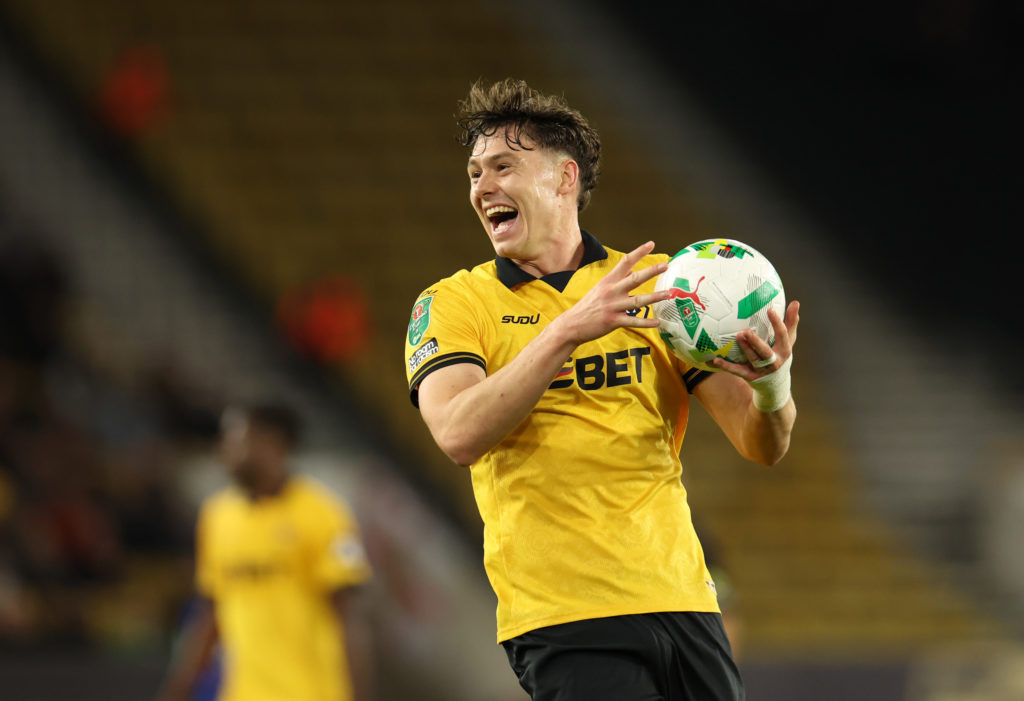 Jorgen Strand Larsen celebrates during Wolves' win over Everton in the Carabao Cup