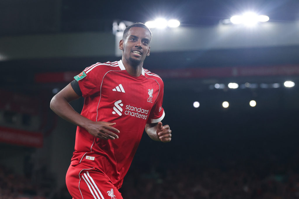 Alexander Isak of Liverpool celebrates after scoring their side's first goal during the Carabao Cup Third Round match between Liverpool and Southampton at Anfield.