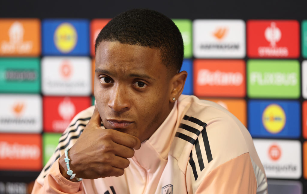 Ezri Konsa speaks to the press during an Aston Villa press conference