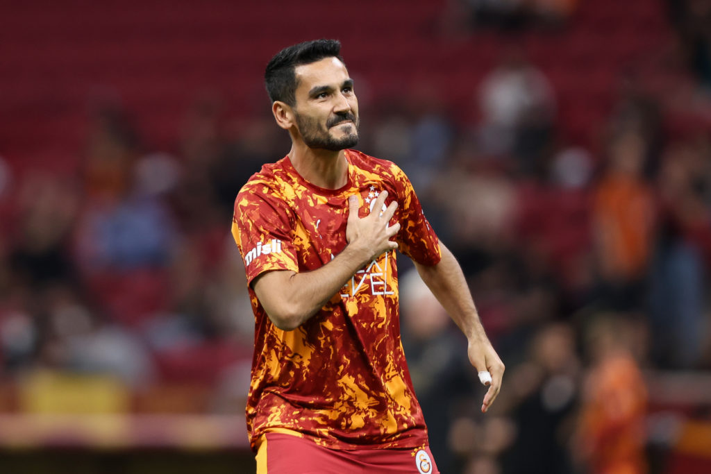 Ilkay Gundogan shows his appreciation to Galatasaray supporters during the Super Lig match against Konyaspor