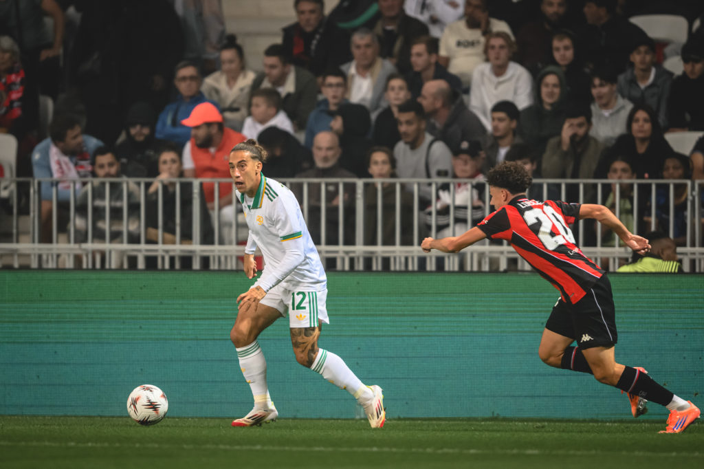 Kostas Tsimikas of AS Roma in action during the UEFA Europa League 2025/26 League Phase MD1 match between OGC Nice and AS Roma at Grand Stade de Nice.
