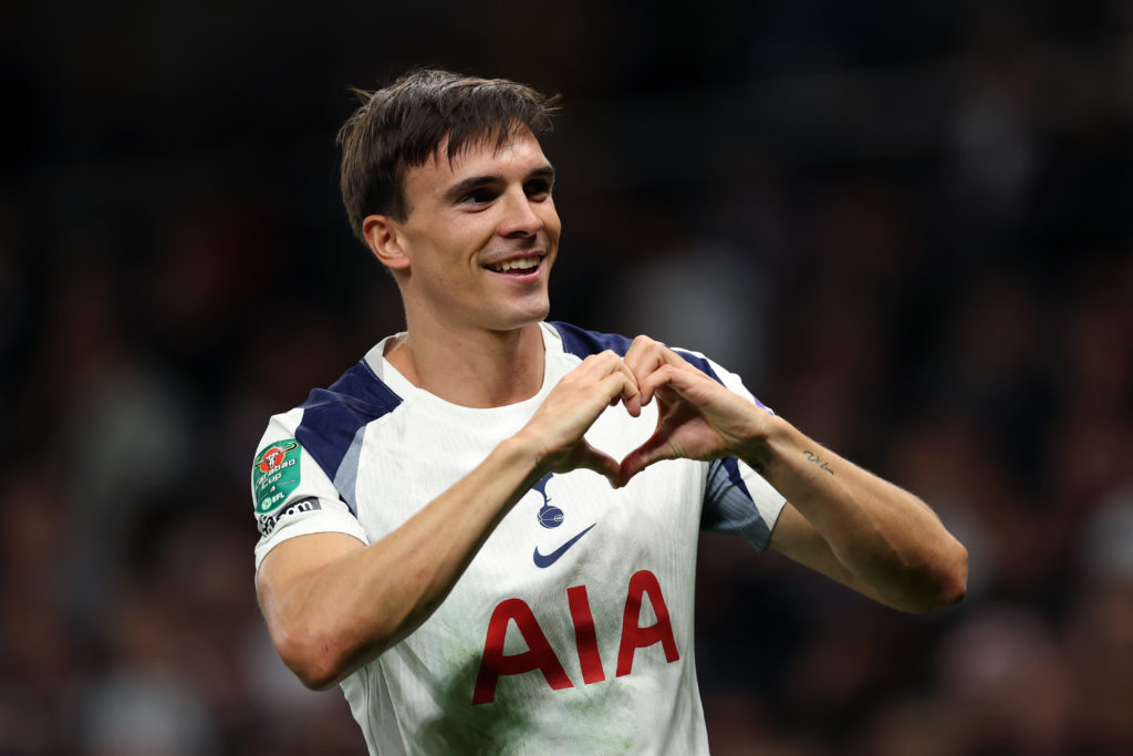 Joao Palhinha celebrates scoring for Tottenham against Doncaster Rovers in the Carabao Cup