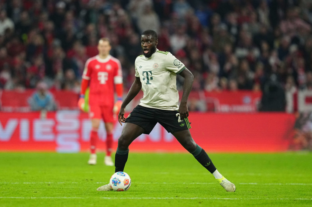 Dayot Upamecano controls the ball during the match between Bayern Munich and Werder Bremen at the Allianz Arena
