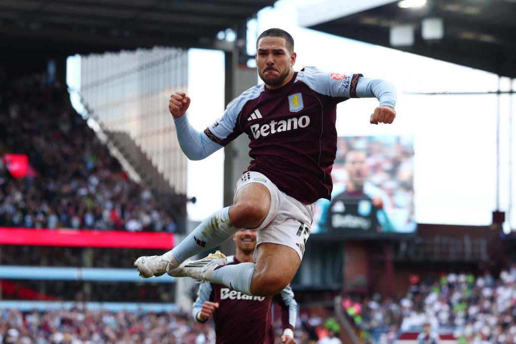 Emi Buendía of Aston Villa celebrates after he scored for 3-1 during the Premier League match between Aston Villa and Fulham
