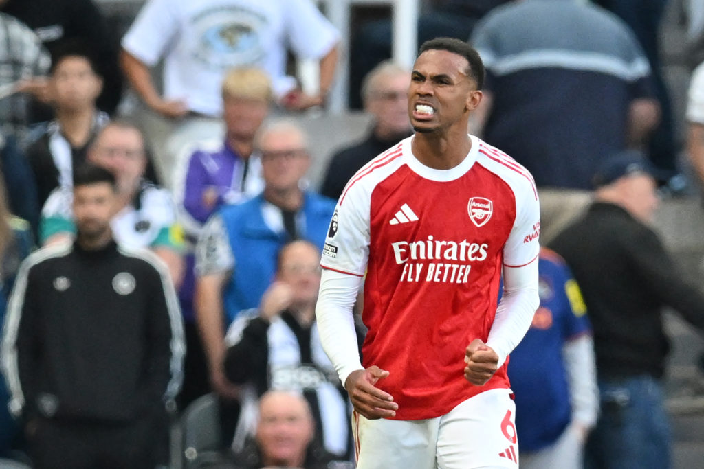 Gabriel Magalhaes reacts after scoring for Arsenal against Newcastle