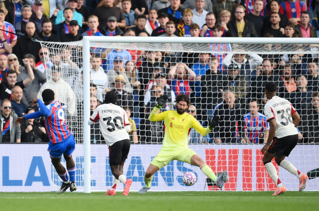 Eddie Nketiah scores past Alisson during Crystal Palace vs Liverpool.