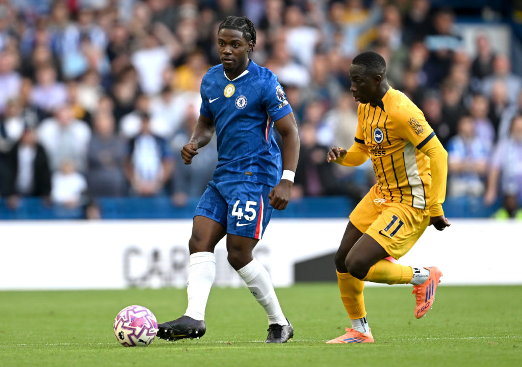 Romeo Lavia passes the ball during Chelsea's defeat against Brighton & Hove Albion at Stamford Bridge