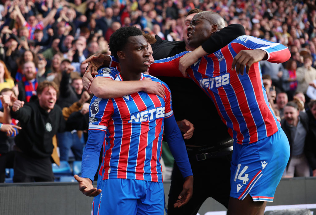 Eddie Nketiah of Crystal Palace celebrates scoring his team's second goal with teammates during the Premier League match between Crystal Palace and Liverpool at Selhurst Park.
