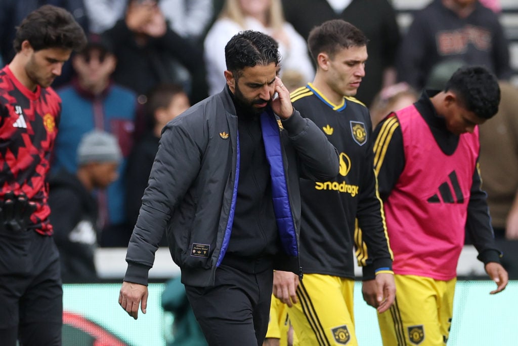 Manchester United head coach Ruben Amorim looks dejected after his side's defeat against Brentford at the Gtech Community Stadium