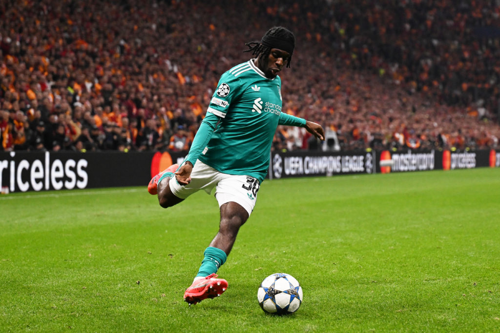 Jeremie Frimpong crosses the ball during Liverpool's Champions League defeat against Galatasaray