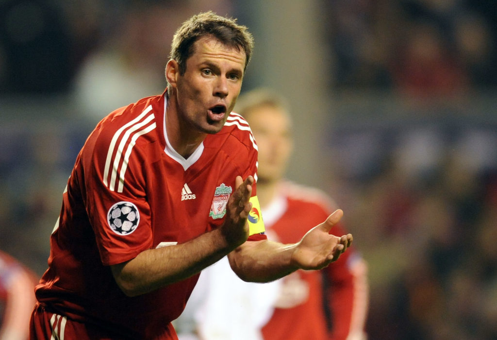 Jamie Carragher reacts during Liverpool vs Lyon in the Champions League