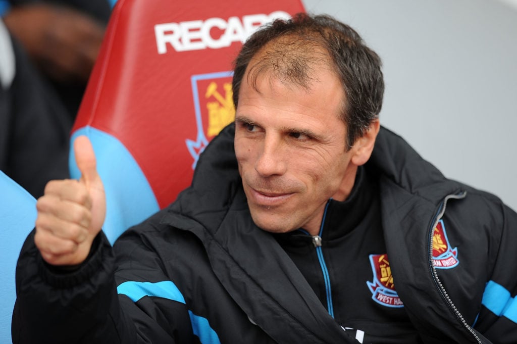 Gianfranco Zola gestures during West Ham United's match with Manchester City