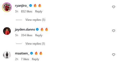 Ryan Gravenberch and Jayden Danns react to Jeremie Frimpong's Instagram post after Liverpool's Champions League win over Atletico Madrid