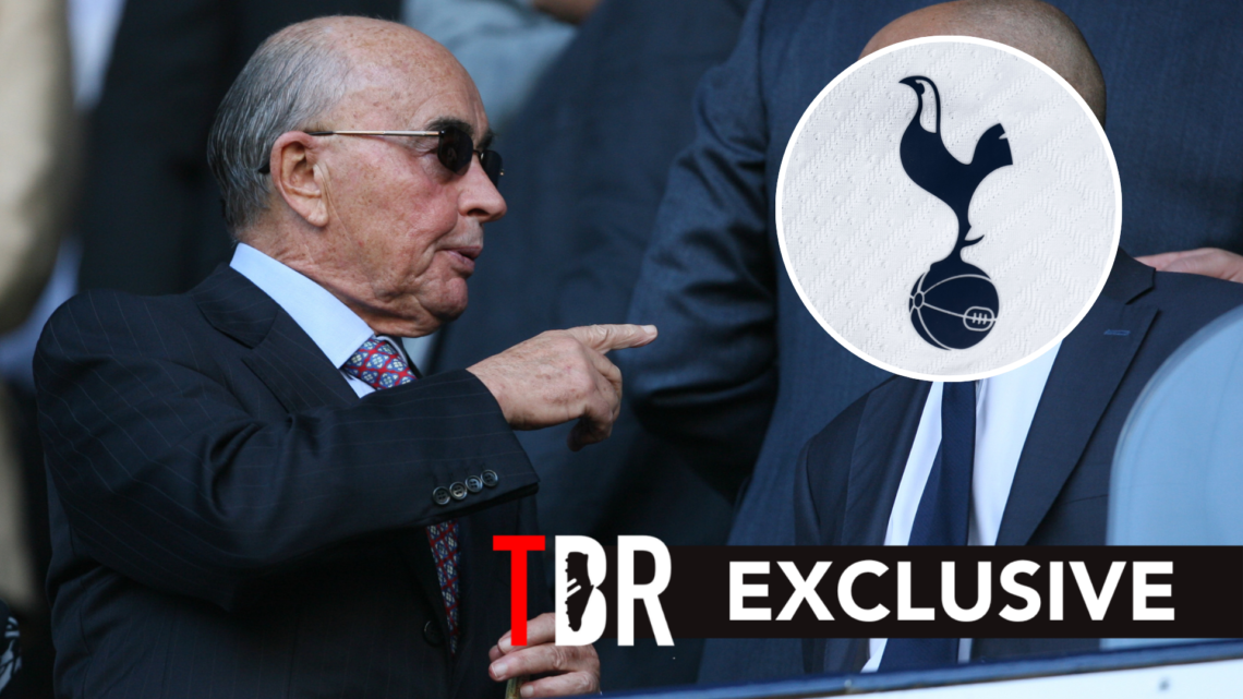 Joe Lewis owner of Tottenham Hotspur at Premier League match. Inset of Spurs badge.