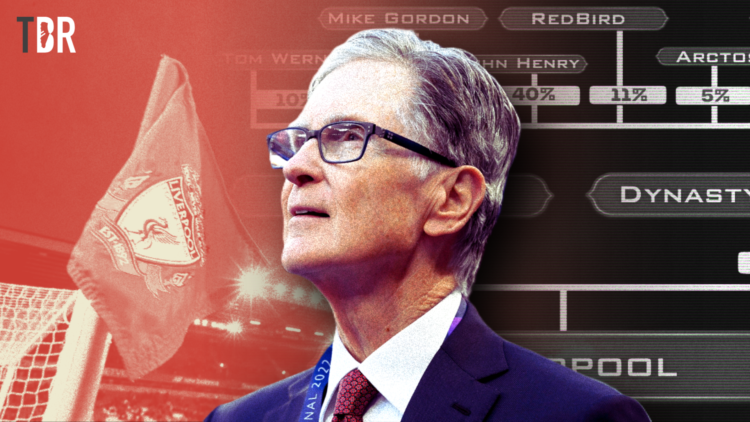 Illustration image of FSG owner John Henry, the Liverpool badge and ownership diagram with TBR Football logo