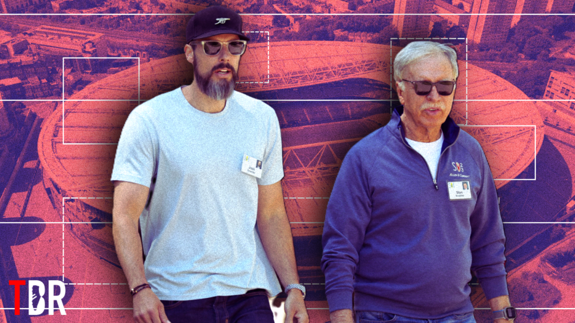 Stan Kroenke and Josh Kroenke overlaid on a general image of Arsenal's Emirates Stadium, with TBR Football logo