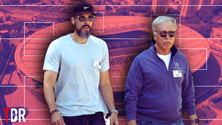 Stan Kroenke and Josh Kroenke overlaid on a general image of Arsenal's Emirates Stadium, with TBR Football logo