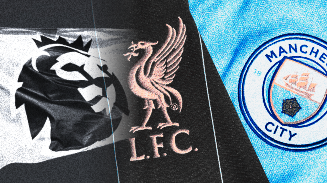 Split image of the Premier League logo, with Manchester City and Liverpool badges