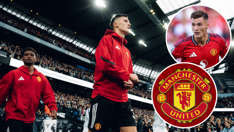 Benjamin Sesko during Manchester City v Manchester United in the Premier League. Inset of Sesko and Man United badge.