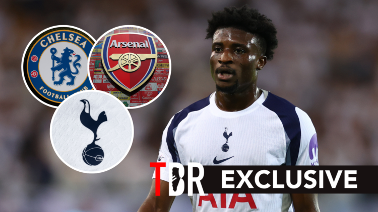Mohammed Kudus in acttion during the UEFA Super Cup. Inset of Tottenham Hotspur, Arsenal and Chelsea badges.