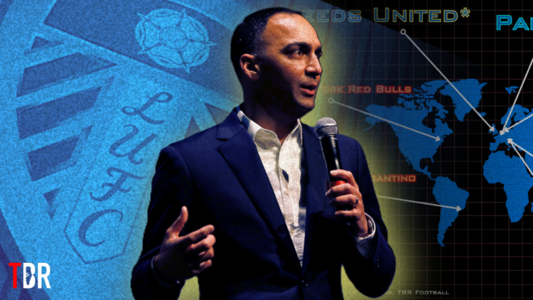 Illustration image of 49ers Enterprises president Paraag Marathe, flanked by the Leeds United badge and TBR Football logo
