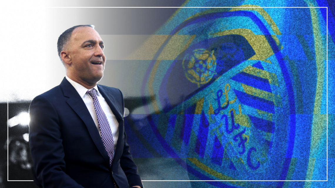 Split image of Paraag Marathe and the Leeds United badge